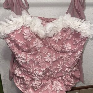 Pink Floral Embroidered Bustier with White Rosette Trim